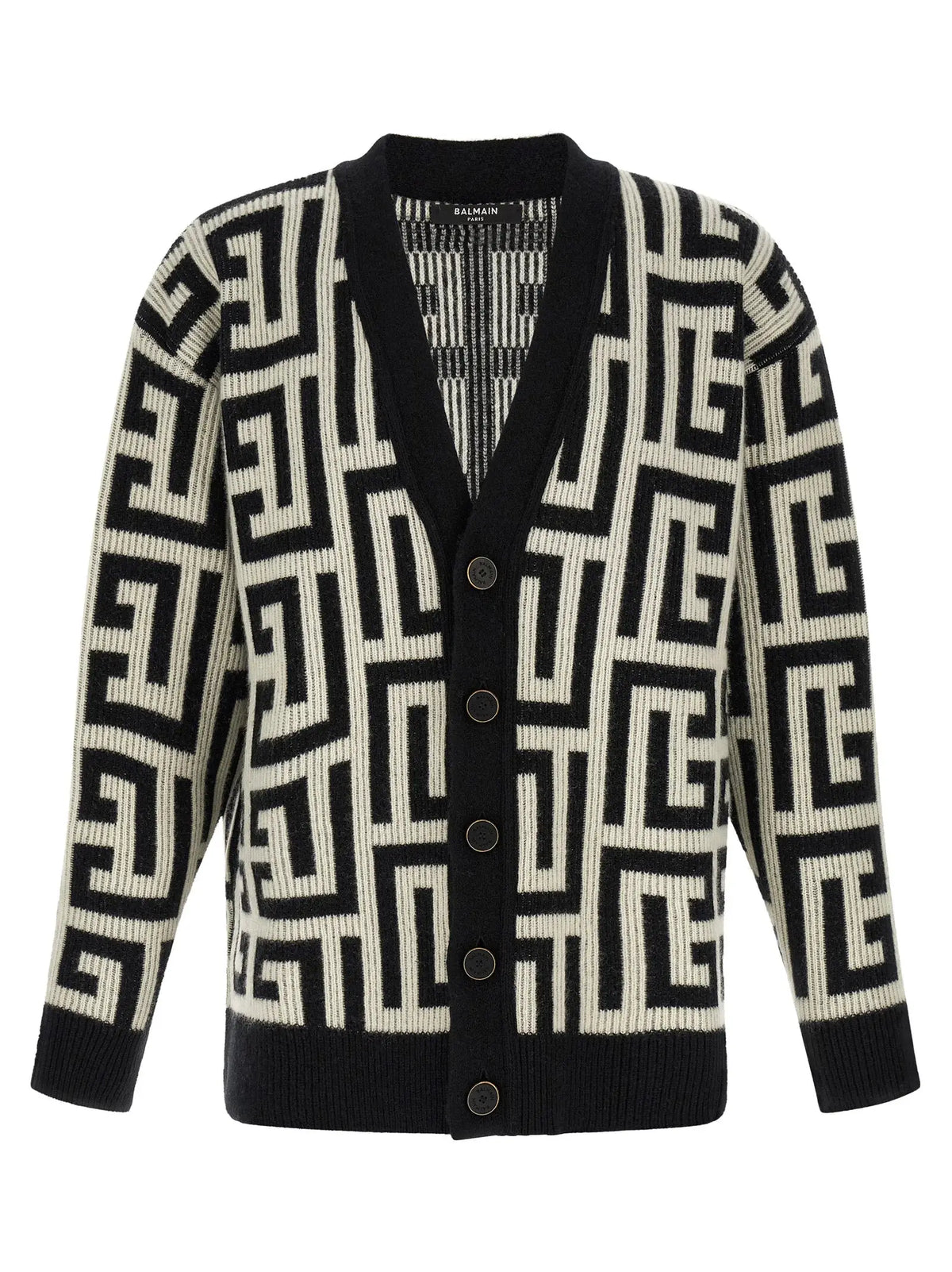 Cardigan balmain bicolor en laine mérinos noir et crème à motifs géométriques avec poignets et ourlet côtelés