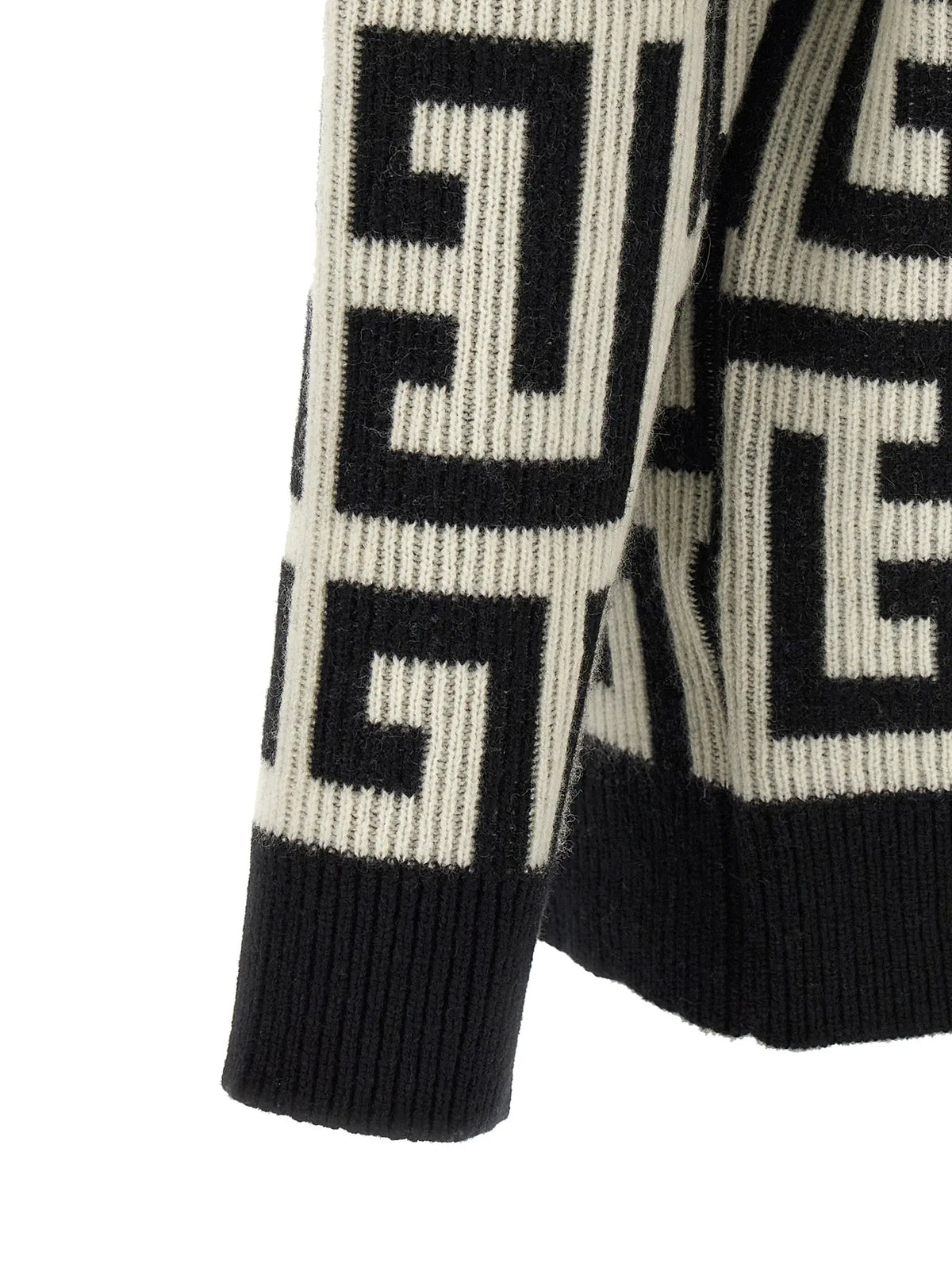 Cardigan balmain bicolor en laine mérinos noir et crème avec motif grec peau audacieux en tricot