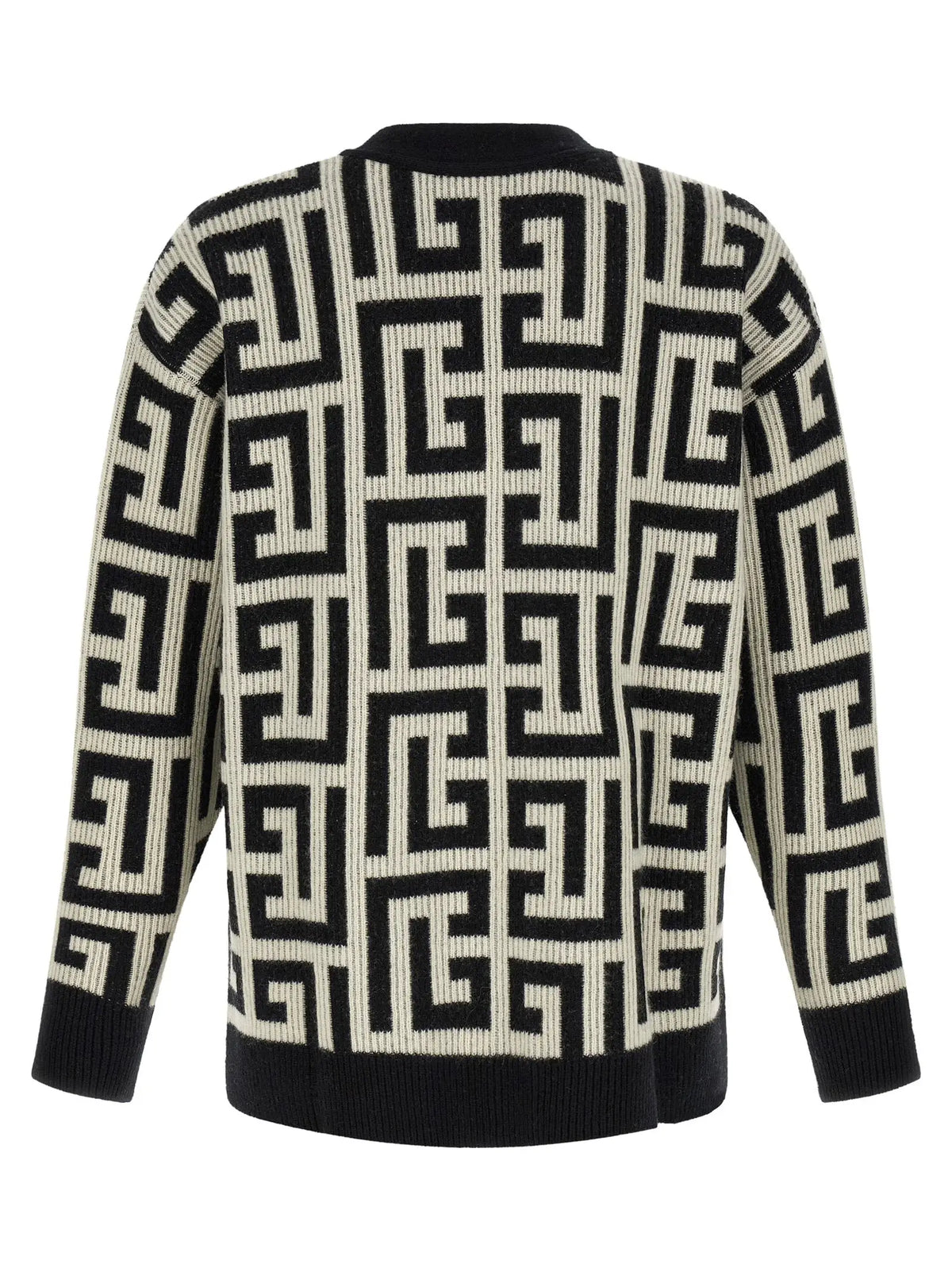 Cardigan balmain bicolor en laine mérinos noir et crème avec motif géométrique audacieux