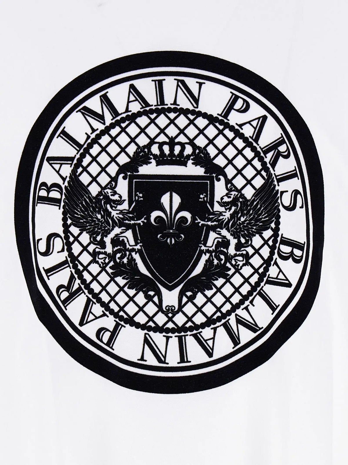 Logo balmain paris sur bouclier noir avec fleur de lys et lions ailés sur t shirt biologique bicolore en coton