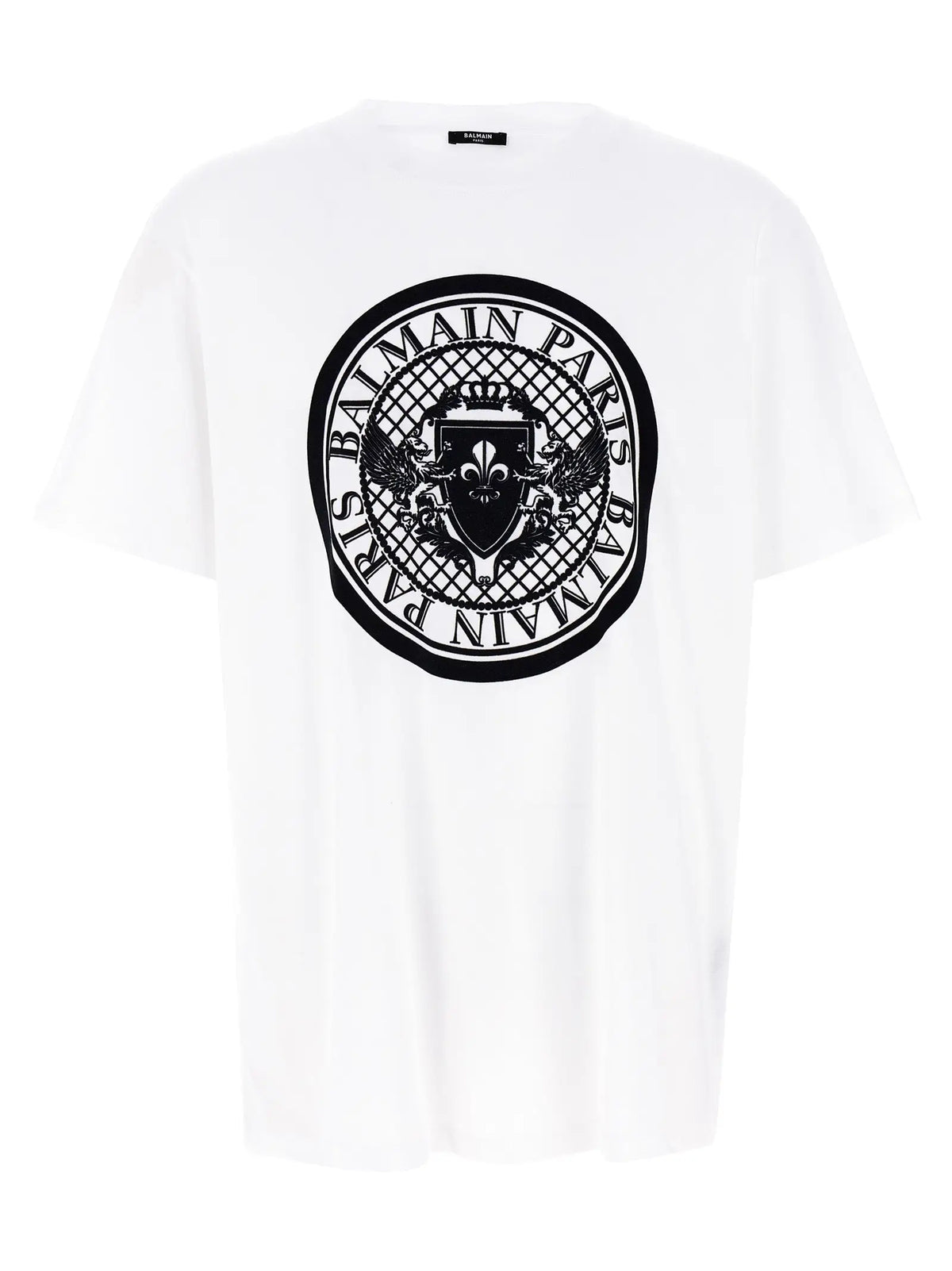 T-shirt blanc balmain paris en coton bio avec logo circulaire noir et emblème détaillé sur le devant