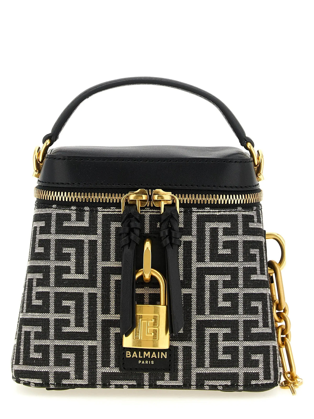 Sac à main balmain bicolor en polyester noir et argent à motif géométrique avec chaîne amovible dorée
