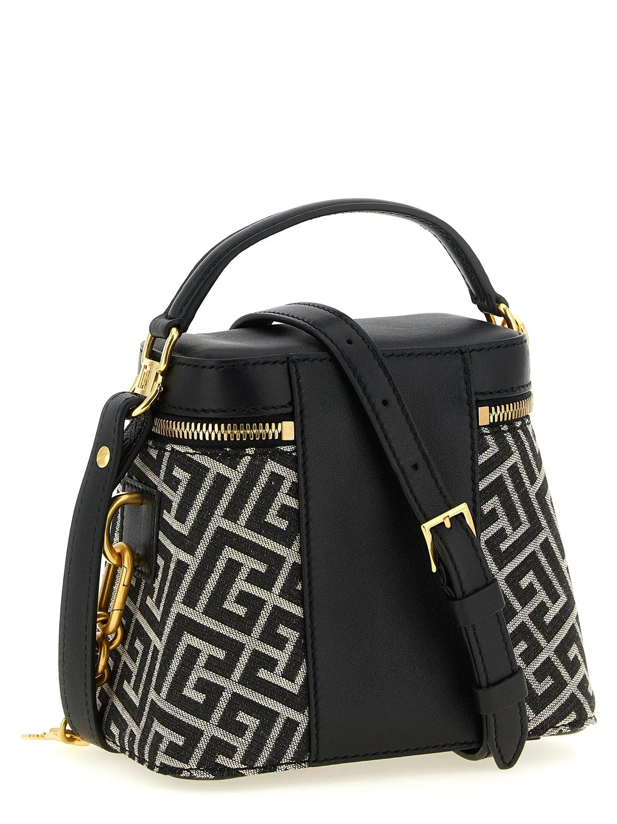 Sac à main balmain en polyester bicolore noir et blanc avec motif géométrique et détails en métal doré