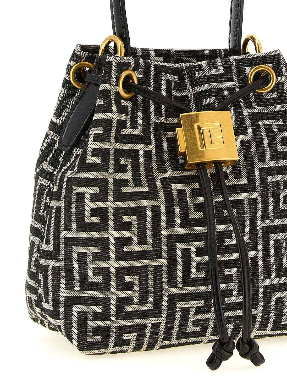 Sac seau balmain bicolor en polyester noir et argent à motif géométrique avec quincaillerie dorée