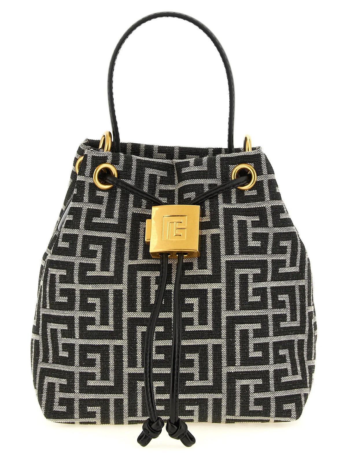 Sac seau balmain bicolor en polyester noir et argent avec motif géométrique et ferrures dorées