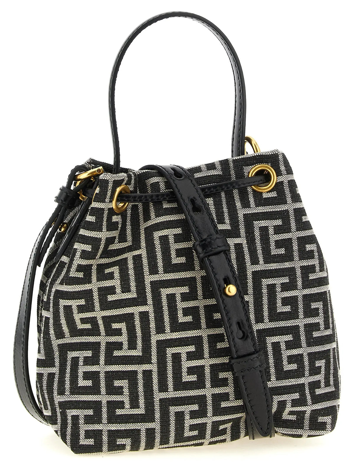 Sac seau balmain bicolor en polyester avec motif géométrique noir et blanc anses en cuir noir et détails dorés