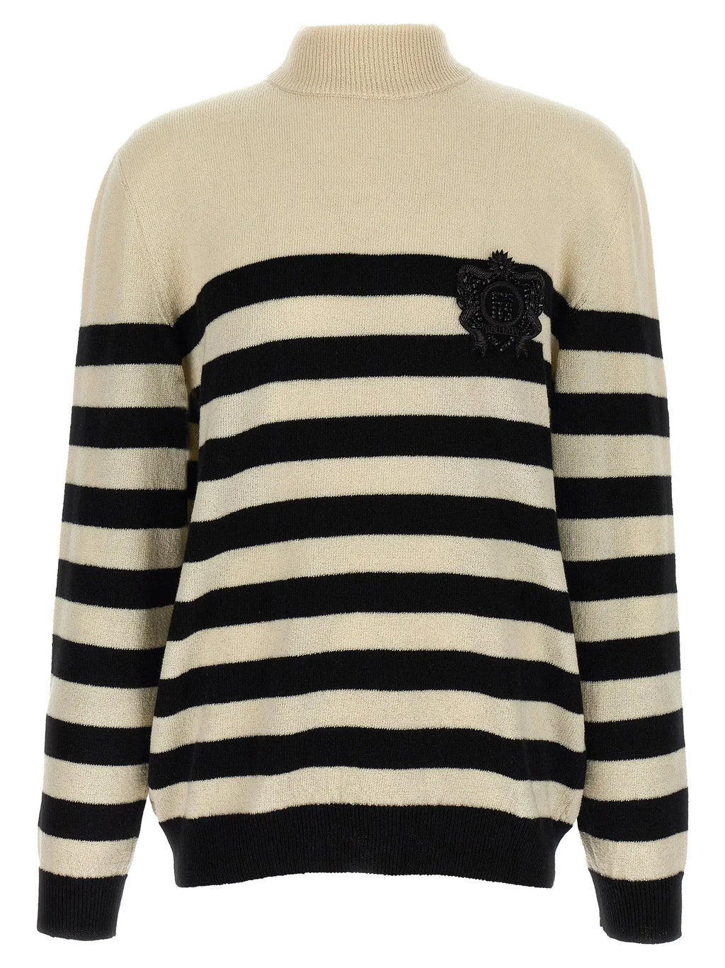 Cardigan en laine balmain bicolore crème et noir à rayures horizontales avec blason brodé sur la poitrine gauche