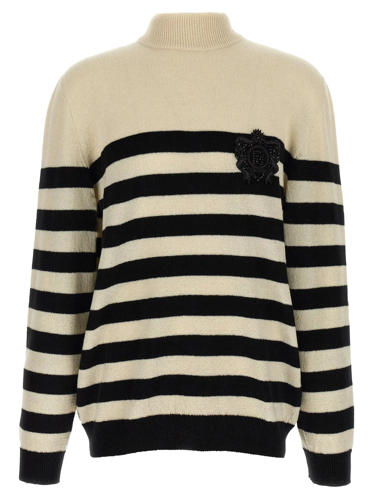 Cardigan en laine balmain bicolore crème et noir à rayures horizontales avec blason brodé sur la poitrine gauche