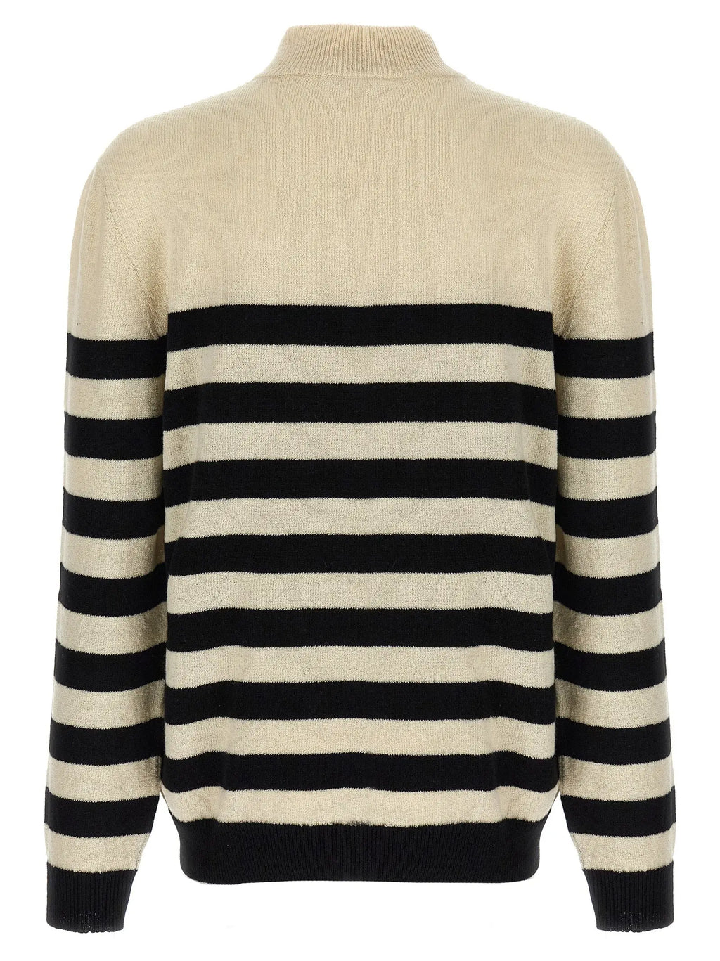 Balmain bicolor wool cardigan en laine à rayures crème et noir avec col rond, poignets et ourlet côtelés
