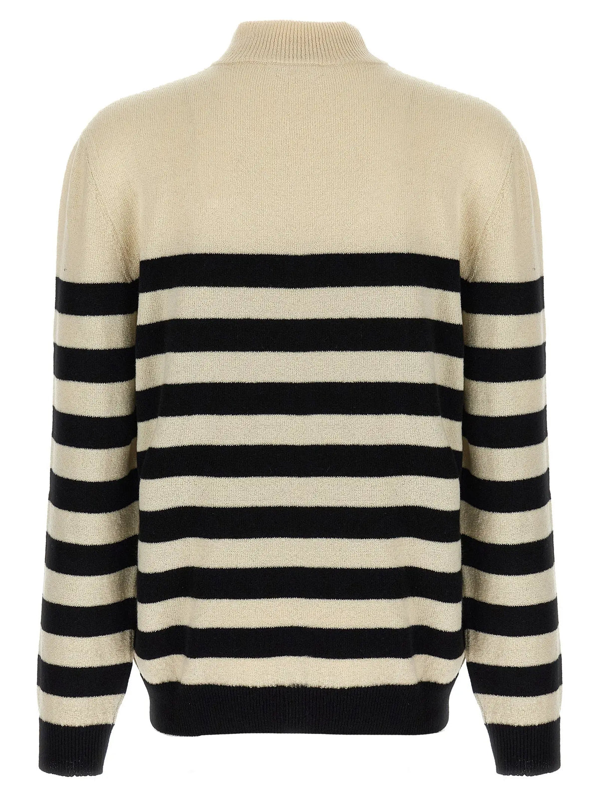 Balmain bicolor wool cardigan en laine à rayures crème et noir avec col rond, poignets et ourlet côtelés