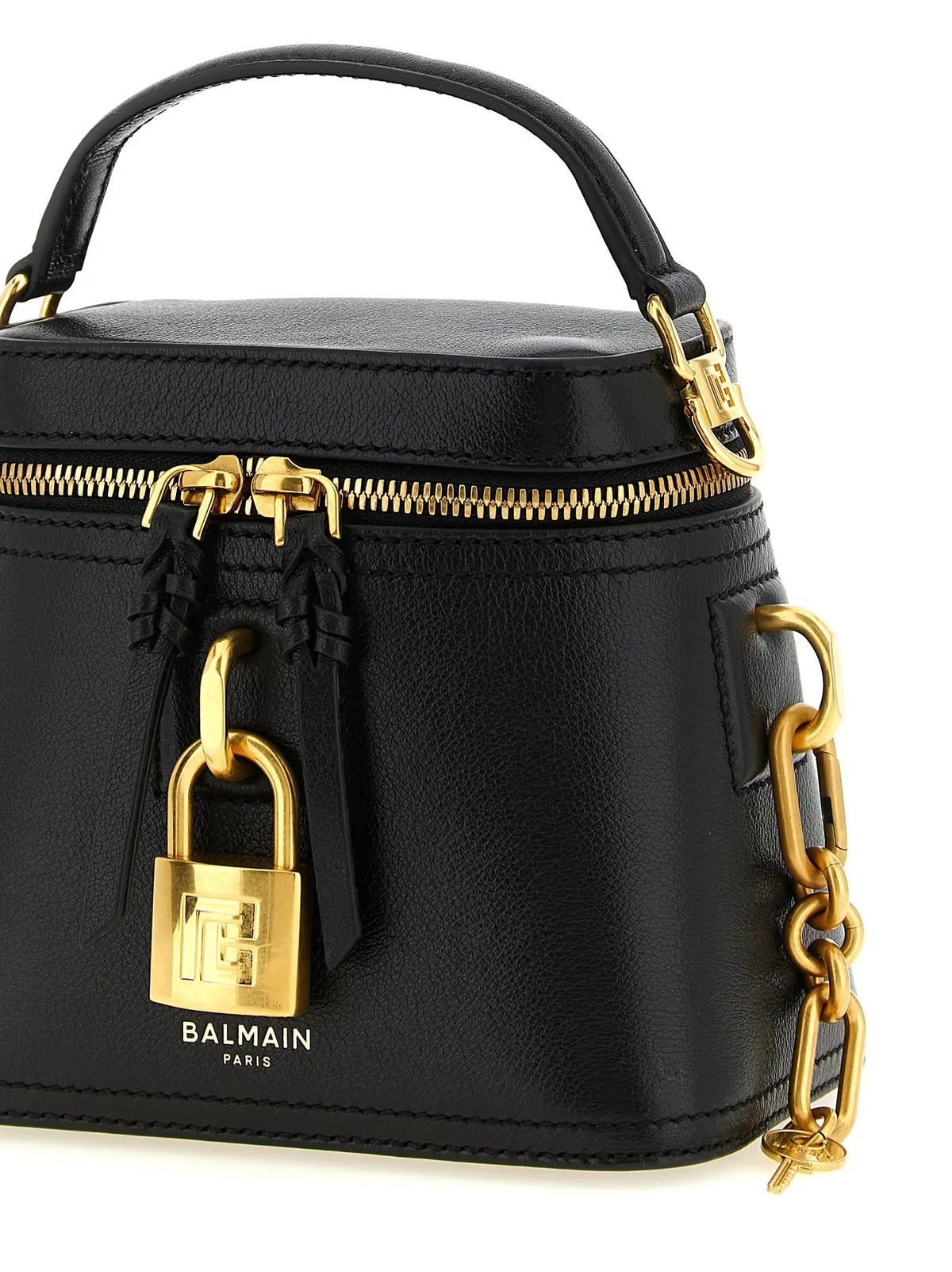 Mini sac à main balmain paris en cuir buffle noir avec ferrures dorées poignée supérieure et bandoulière chaîne amovible