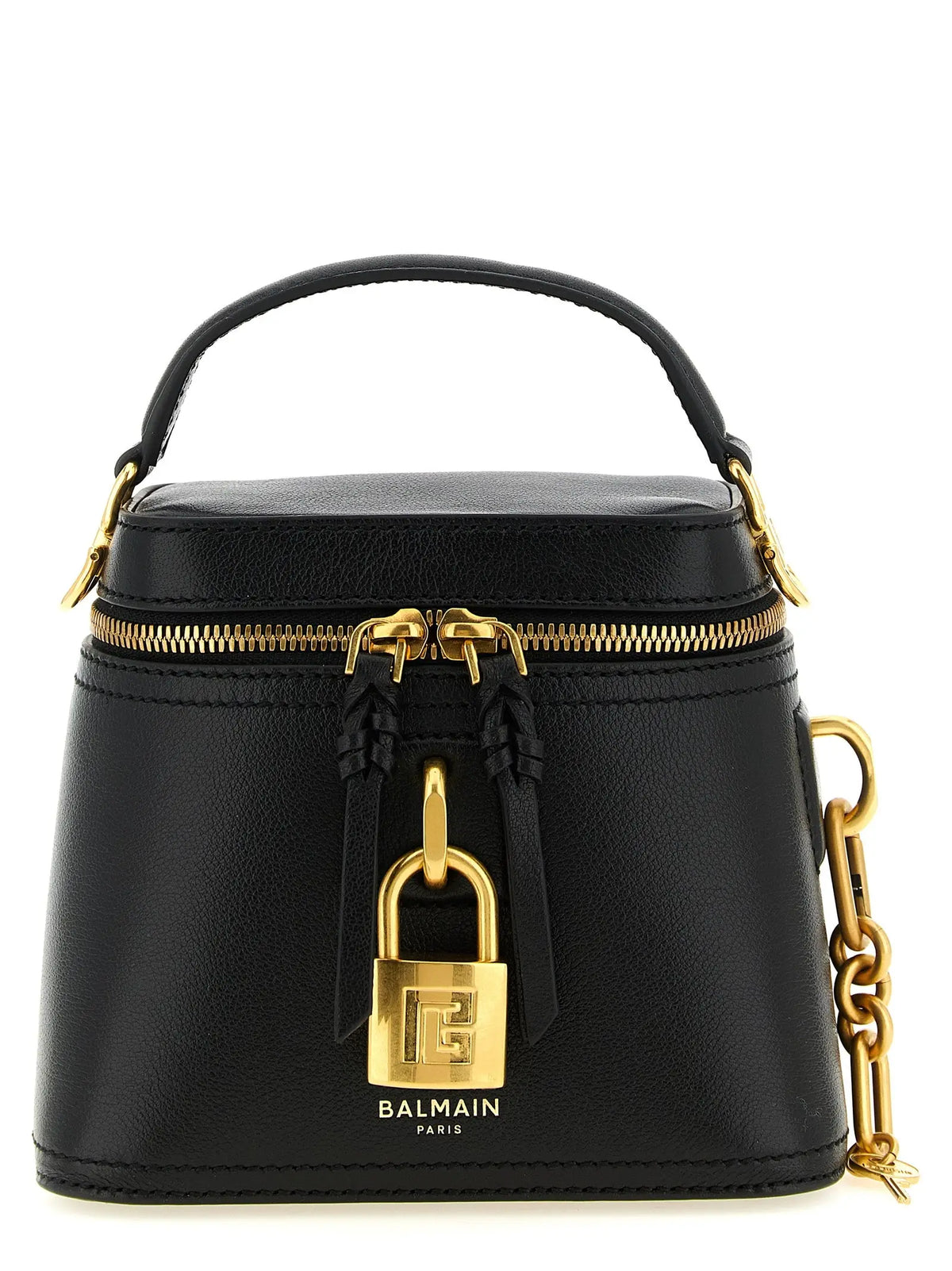 Sac à main mini balmain paris noir en cuir buffle avec garniture dorée et fermoir cadenas distinctif