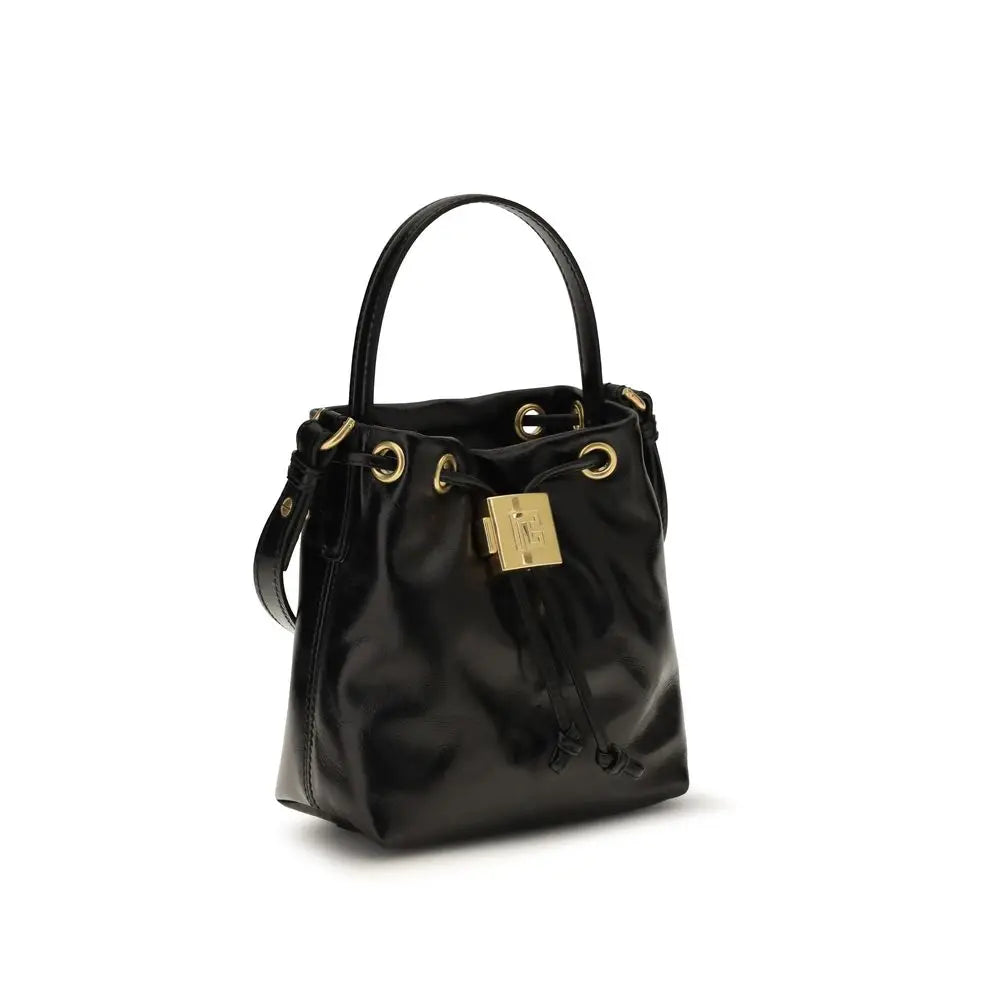 Balmain black calf leather bos taurus bucket bag en cuir verni noir avec ferrures dorées et fermoir avant