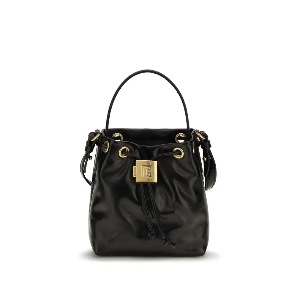 Balmain black calf leather bos taurus bucket bag en cuir verni noir avec ferrures dorées et fermoir logo distinctif