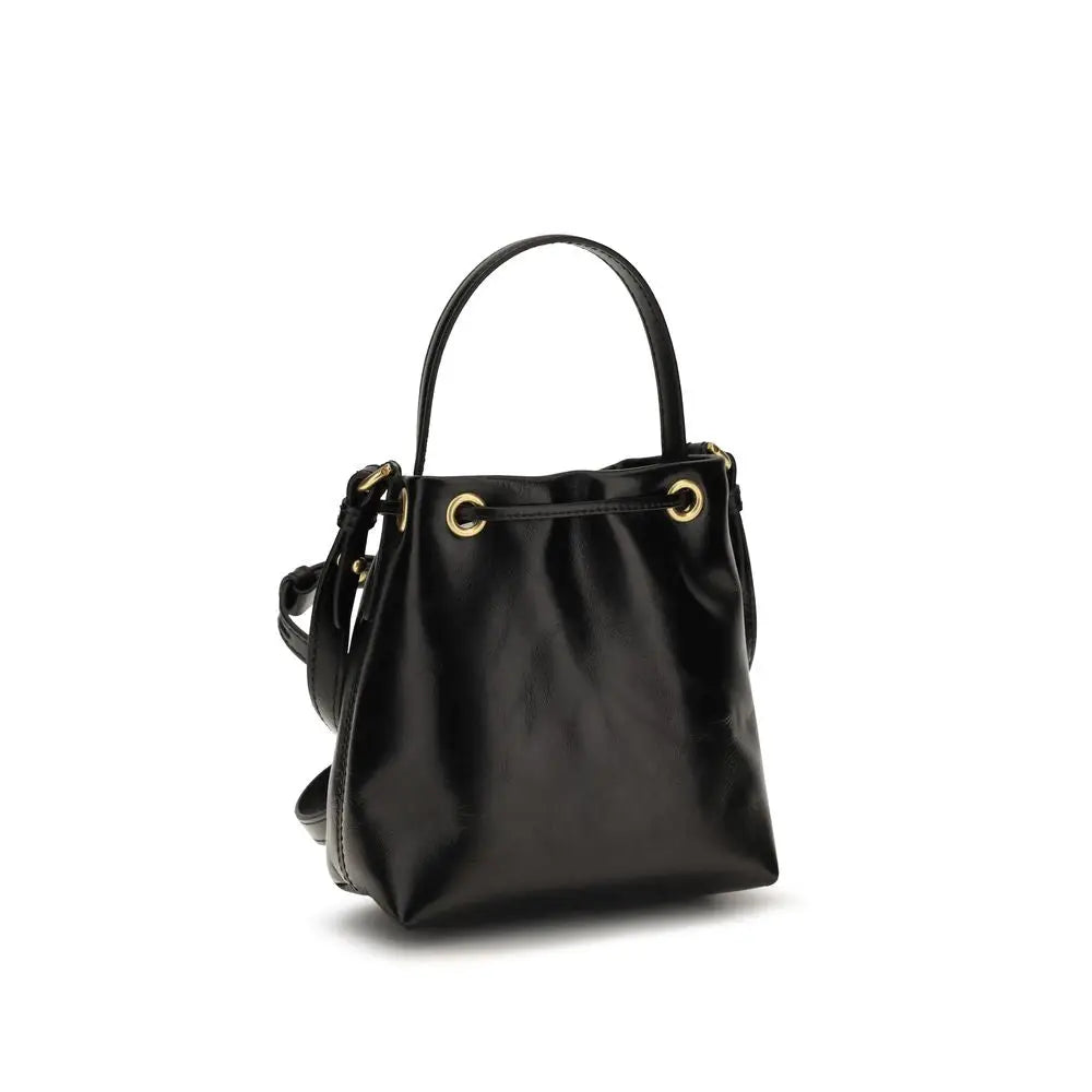 Sac seau balmain bos taurus en cuir de veau noir avec cuir verni noir et quincaillerie dorée poignée supérieure