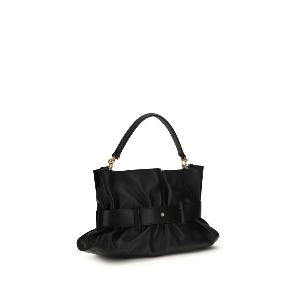Sac à main balmain bos taurus en cuir de veau noir avec silhouette structurée satinée et détails dorés festonnés