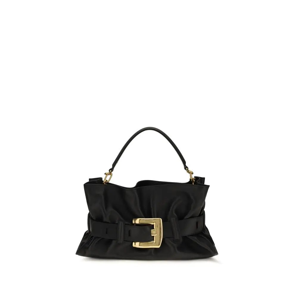 Sac à main balmain bos taurus en cuir de veau noir avec fermeture boucle dorée et poignée assortie en satin noir