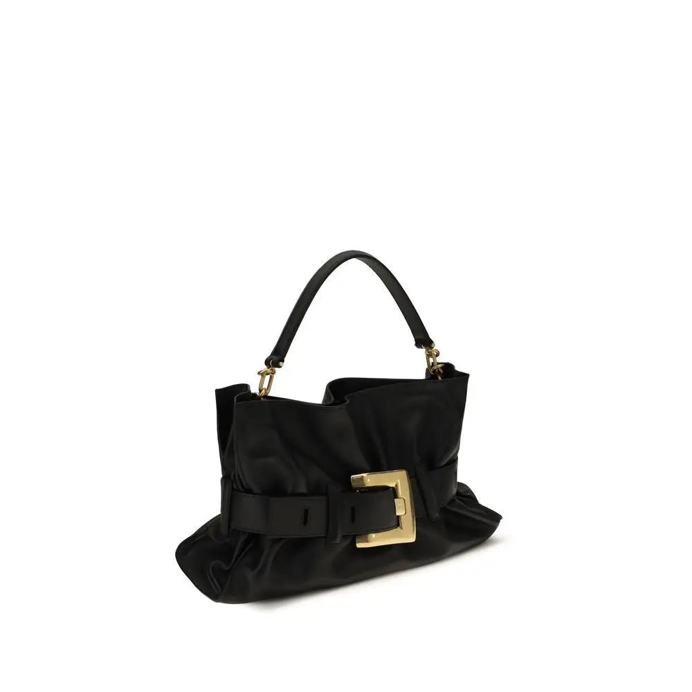 Sac à main balmain en cuir veau noir avec boucle rectangulaire dorée et poignée en cuir noir satiné
