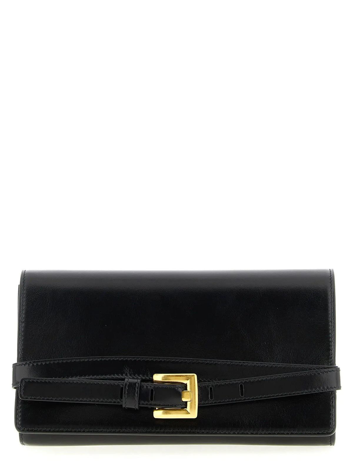 Balmain black calfskin cardholder with black leather clutch featuring gold-tone buckle and matching strap