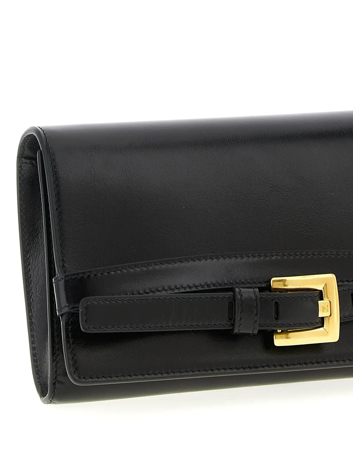 Balmain black calfskin cardholder en cuir noir avec boucle et lanière dorées en vue arrière