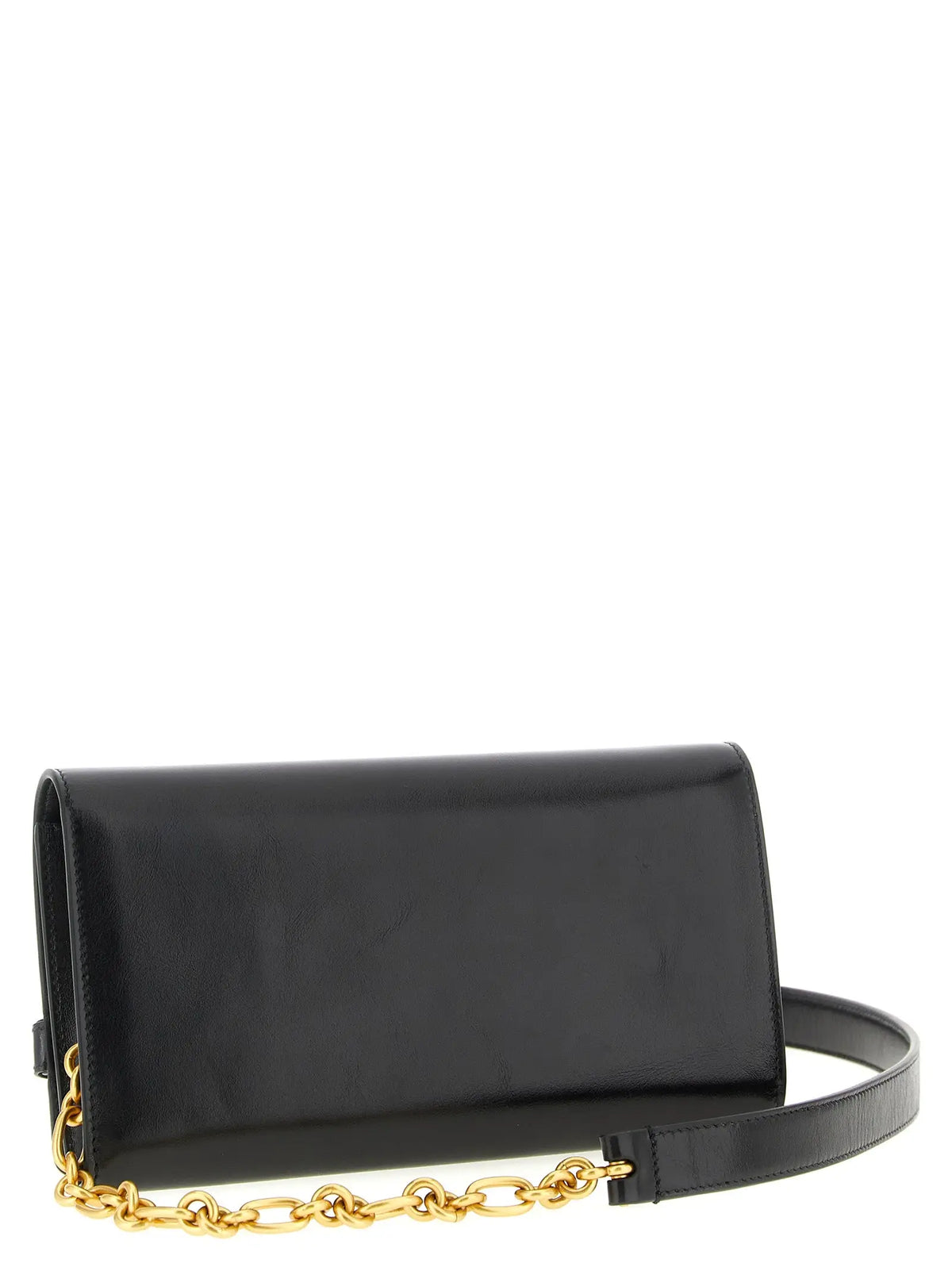 Balmain black calfskin cardholder with black patent leather clutch featuring gold-tone chain and leather shoulder strap