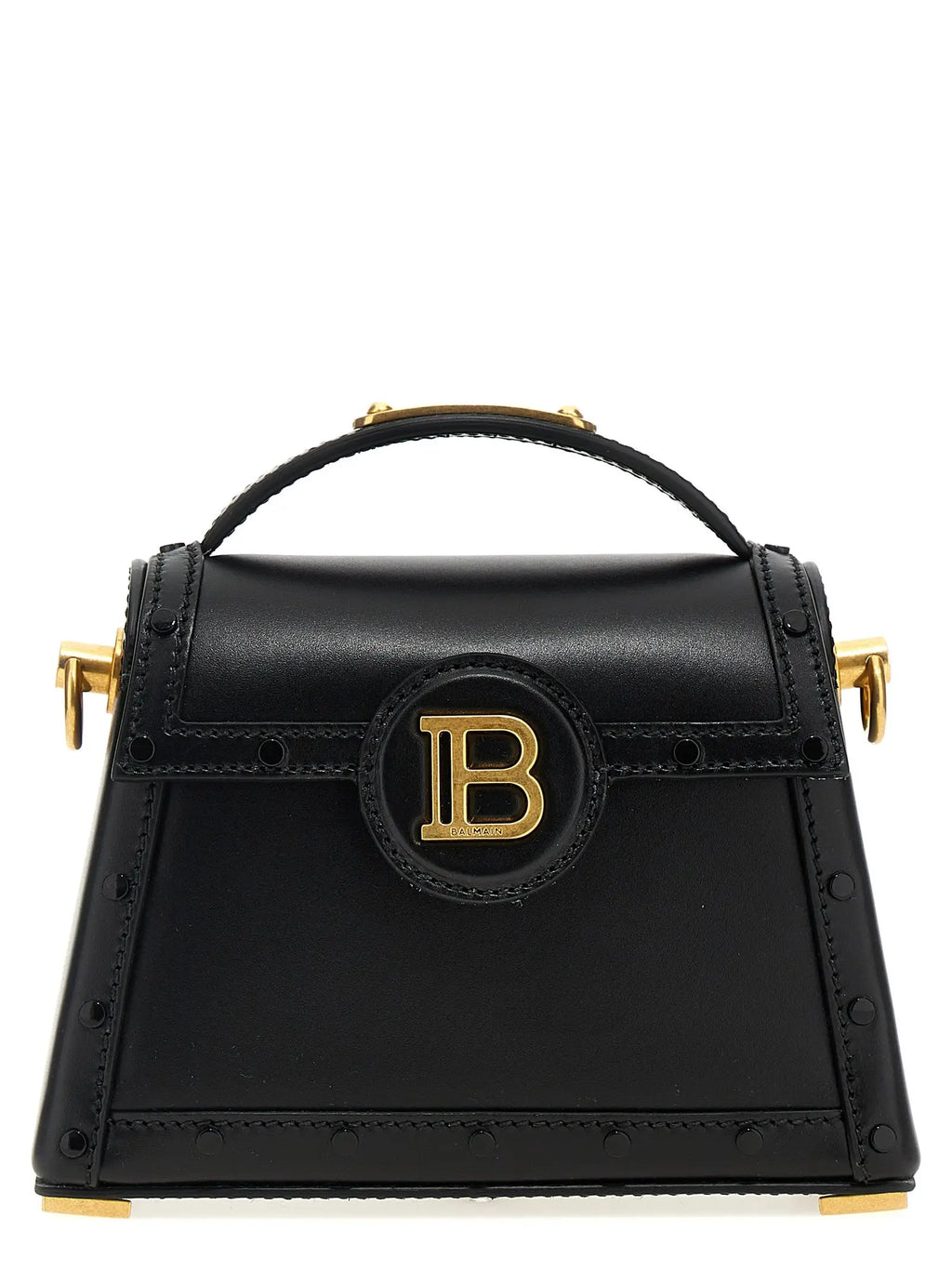 Sac à main balmain en cuir de veau noir avec une quincaillerie dorée et un logo circulaire proéminent