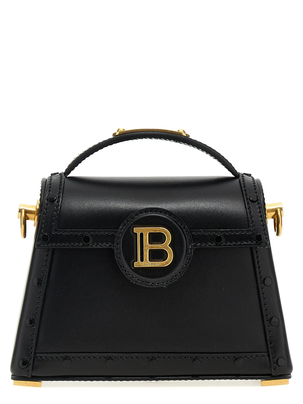 Sac à main balmain en cuir de veau noir avec une quincaillerie dorée et un logo circulaire proéminent
