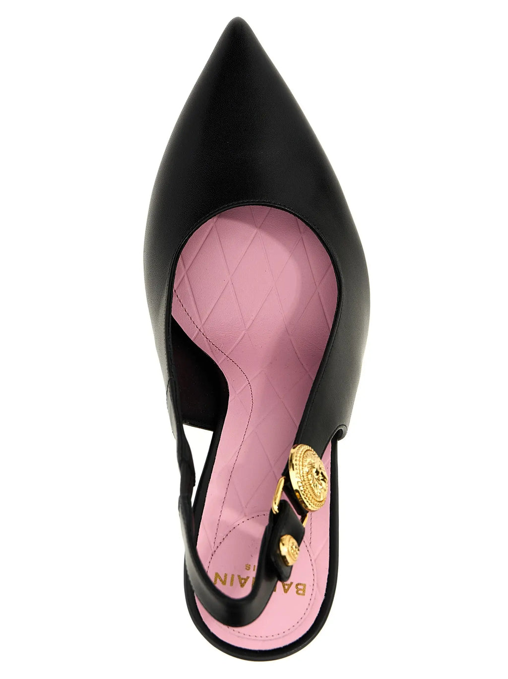 Balmain black calfskin high heel pumps with pointed toe slingback and gold medusa head hardware, pink quilted lining