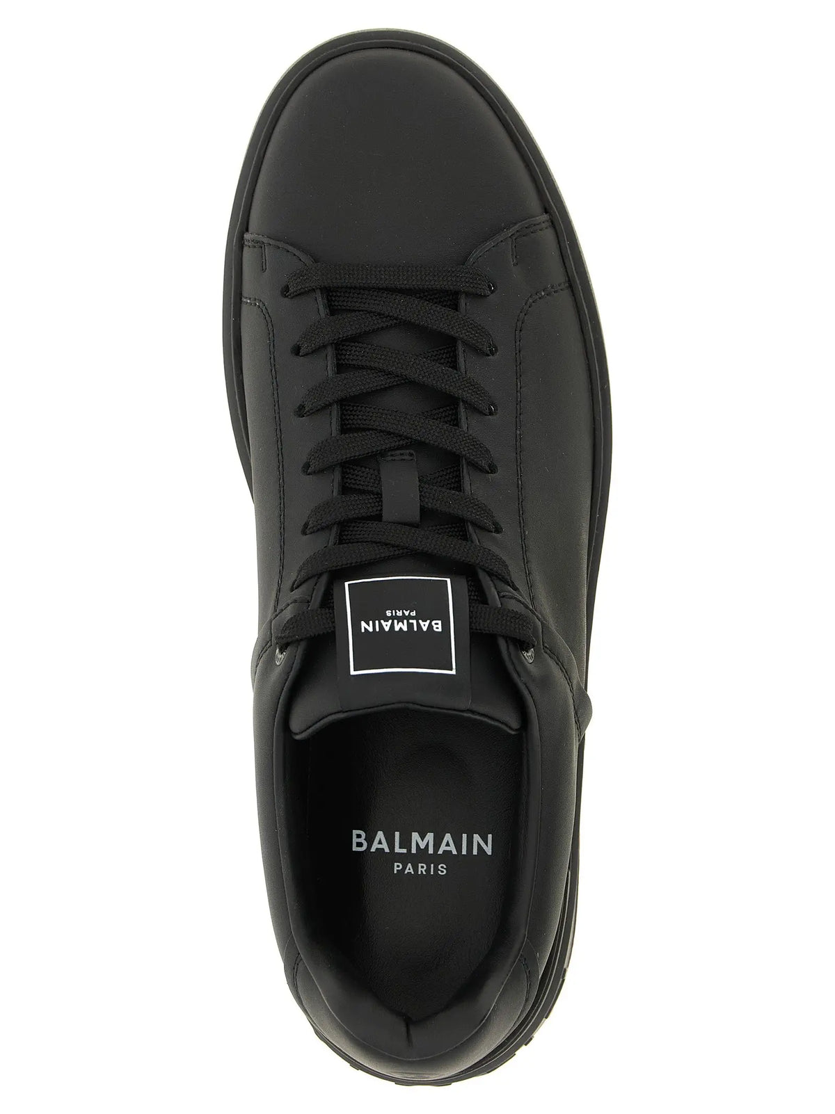 Balmain black calfskin low top sneakers with sleek leather upper and matching laces in black