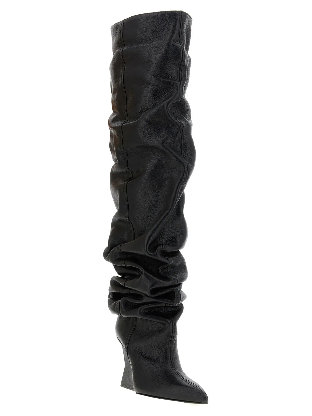Botte noire balmain en cuir de veau au-dessus du genou avec tige froncée et bout pointu élégant