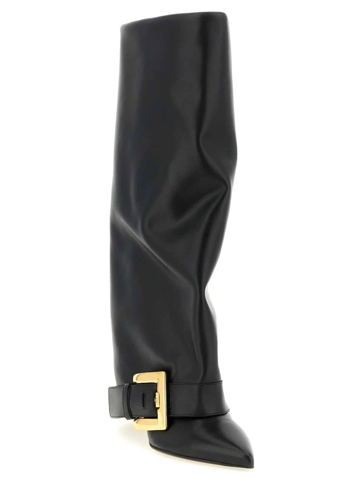 Bottes noires Balmain en cuir de veau verni à hauteur du genou avec boucle et détail de sangle dorés