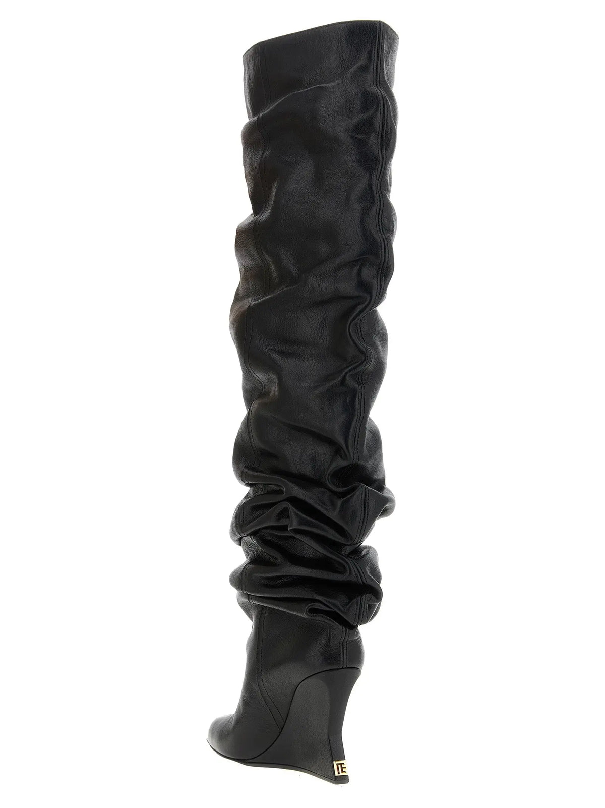 Bottes noires balmain en cuir de veau au-dessus du genou avec talon compensé brillant et cuir froncé