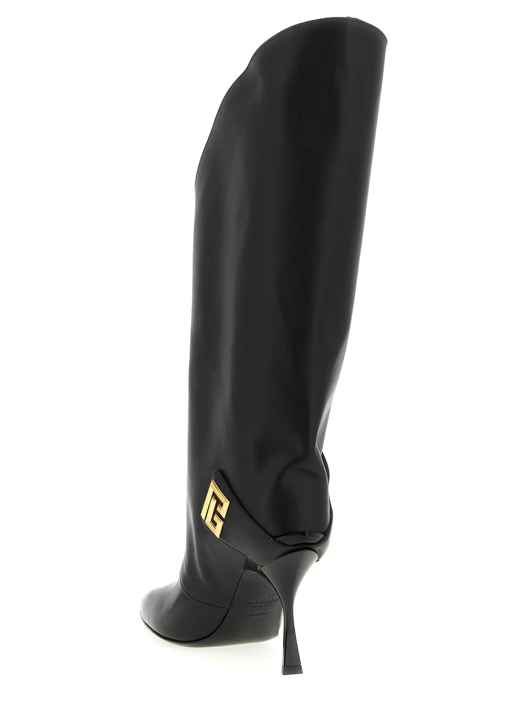 Bottes noires en cuir de veau balmain cuissardes avec logo doré sur le côté