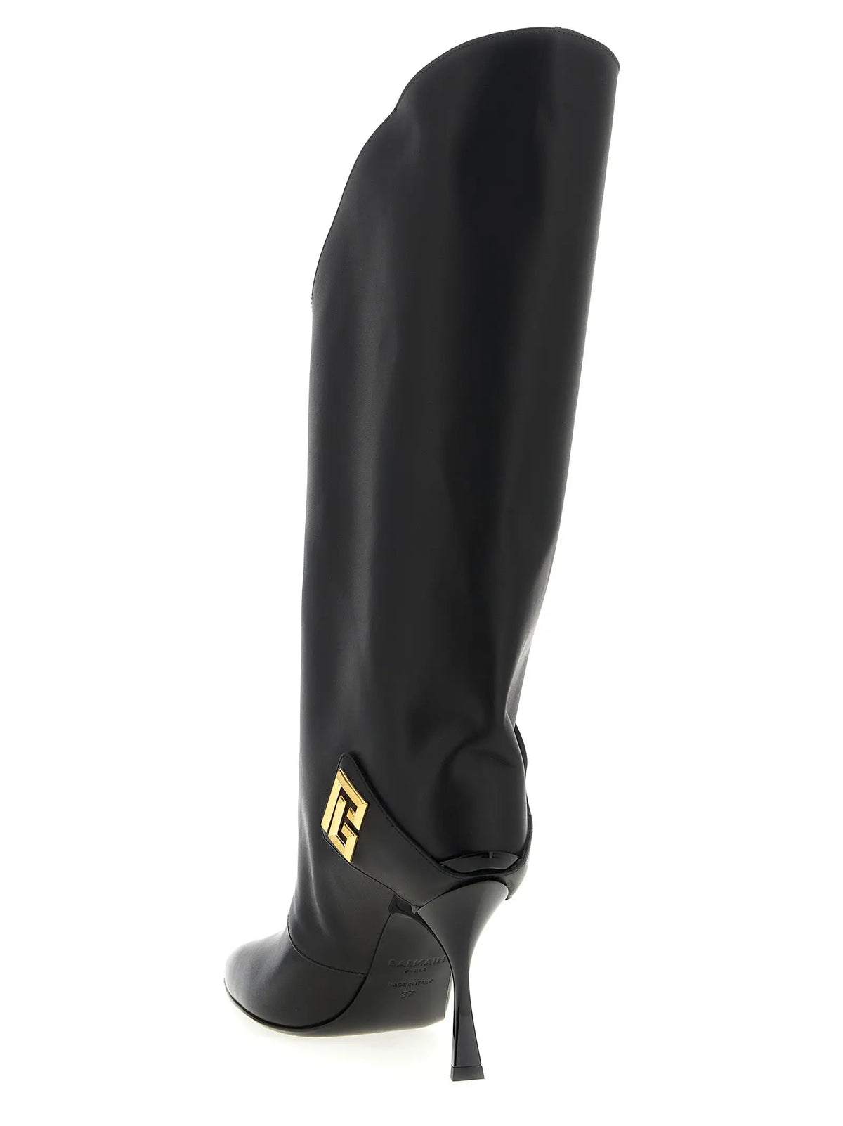 Bottes noires en cuir de veau balmain cuissardes avec logo doré sur le côté