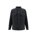 Veste shell balmain en coton noir avec chemise en laine gris foncé texturée boutonnée et deux poches poitrine