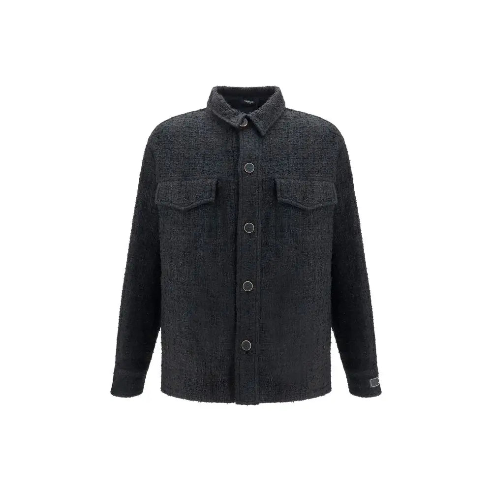 Veste shell balmain en coton noir avec chemise en laine gris foncé texturée boutonnée et deux poches poitrine