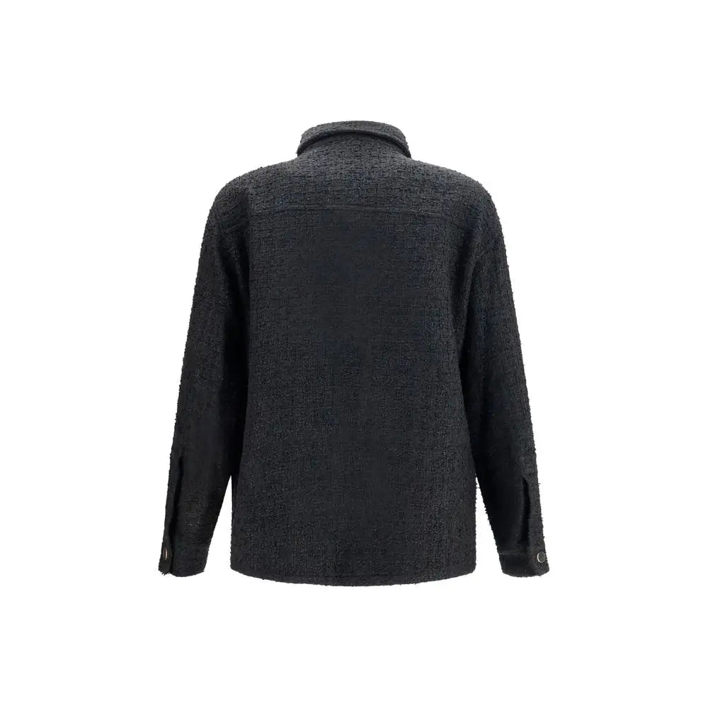 Veste balmain noire en coton avec texture laine gris foncé col classique et poignets boutonnés