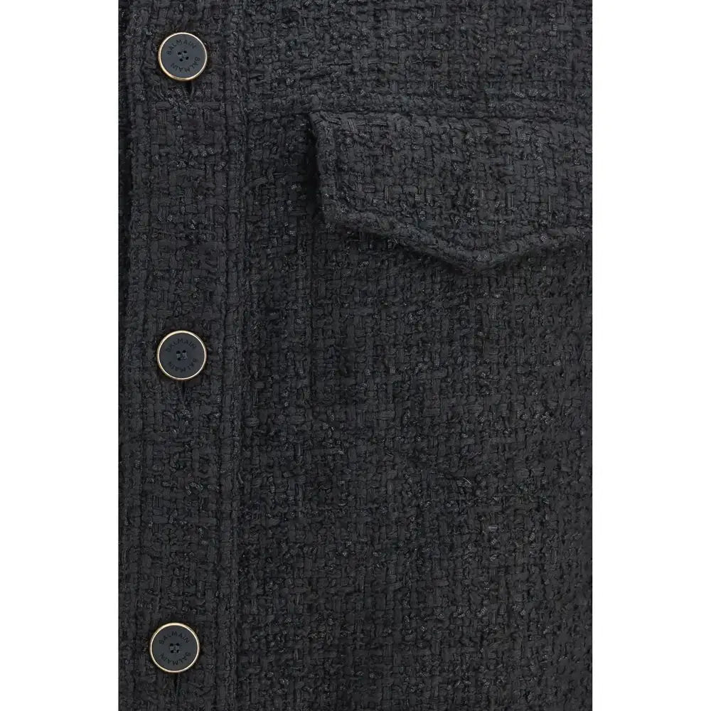 Veste shell balmain noire en coton avec texture tweed boutons dorés et poche à rabat