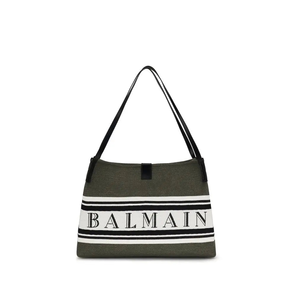 Sac épaule en coton noir balmain avec bande rayée noire et blanche et logo balmain en lettres grasses sur un tote olive