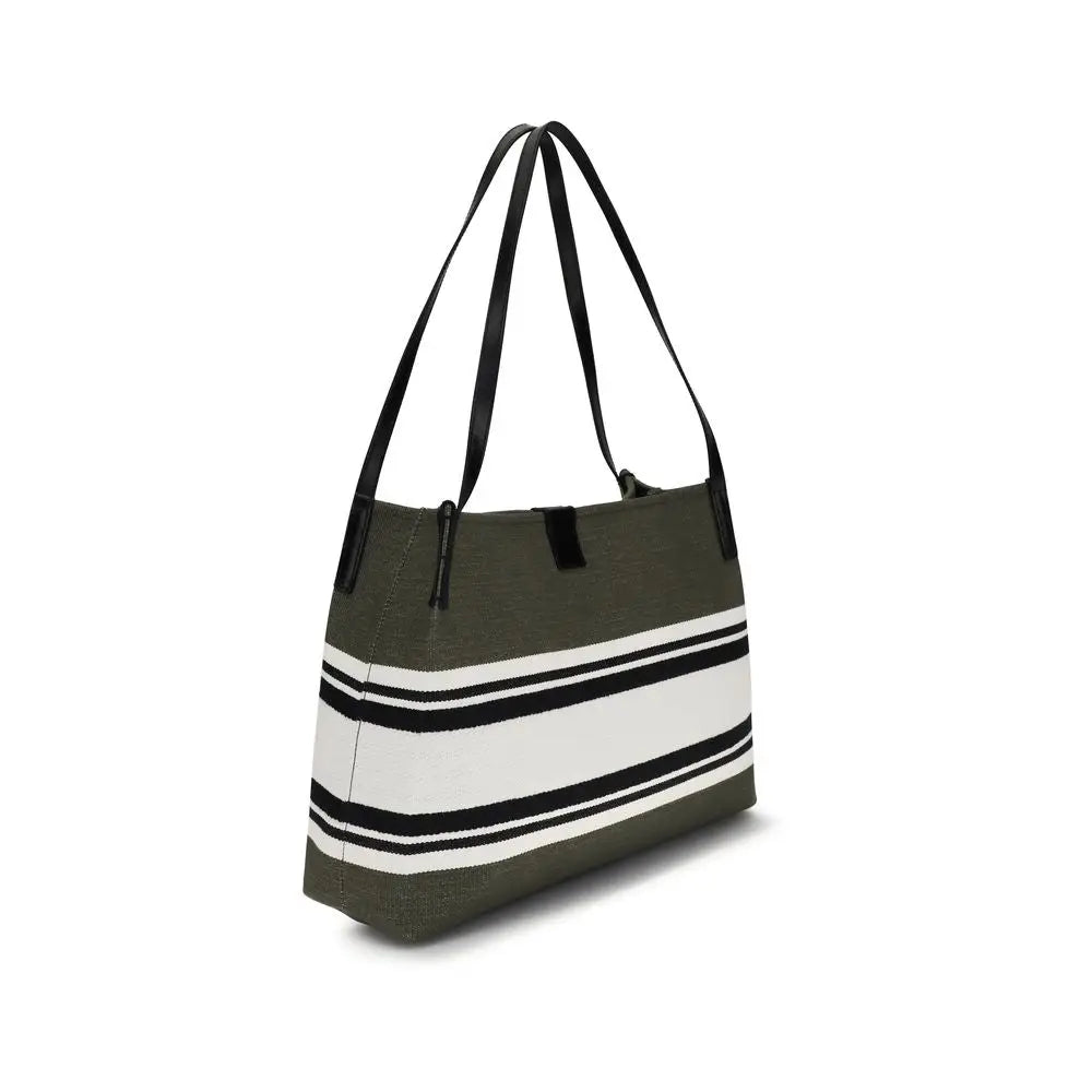 Sac cabas en toile olive verte avec rayures horizontales blanches et noires et poignées en cuir noir balmain black cotton shoulder bag