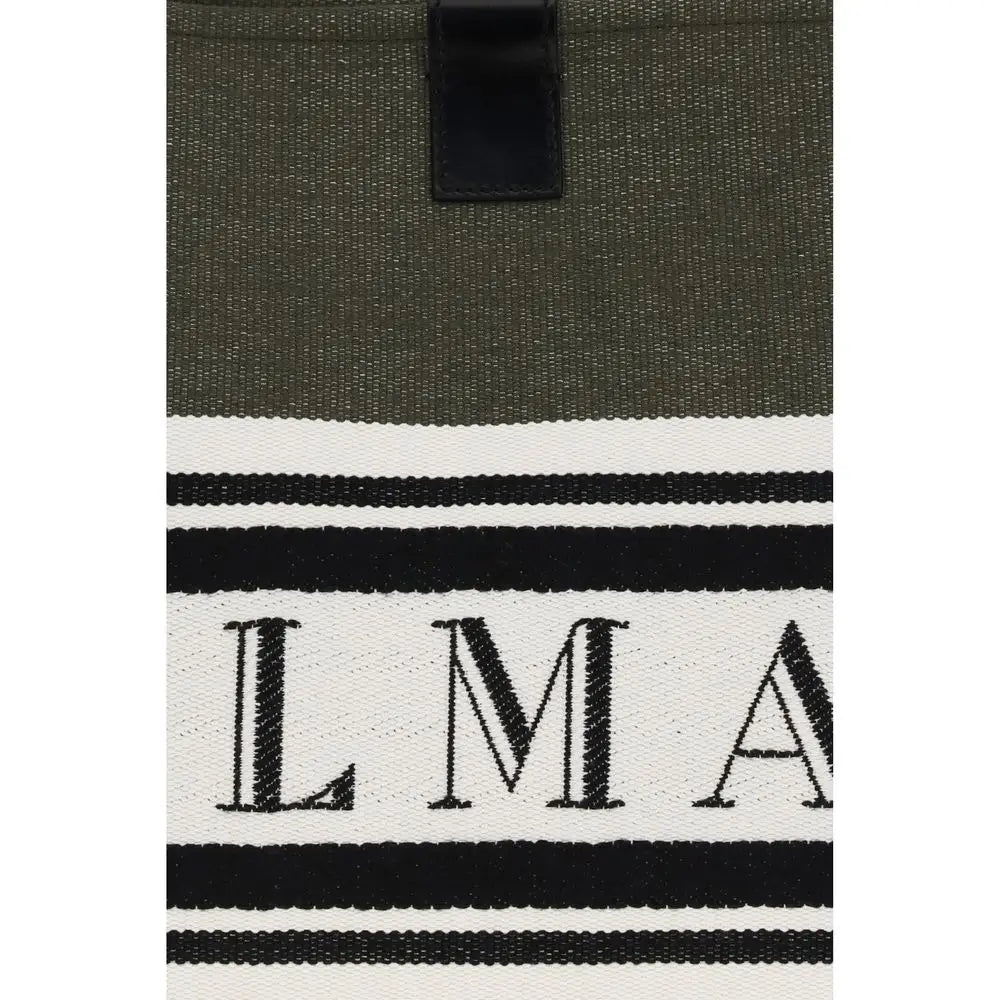 Sac bandoulière balmain en coton noir avec sac fourre-tout tissé vert olive et bandes rayées brodées lma