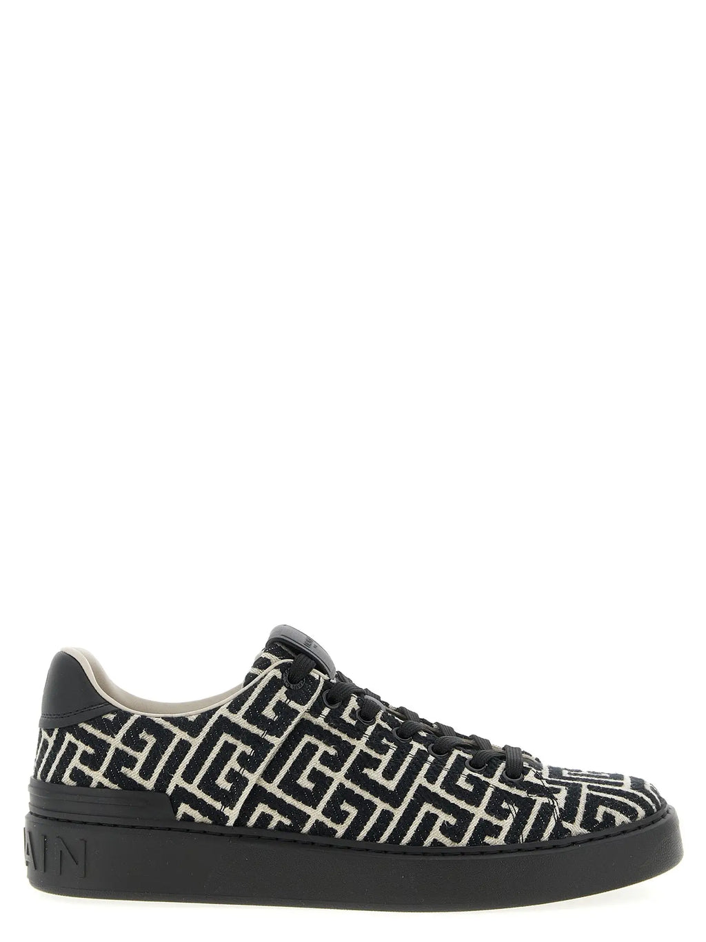 Baskets balmain noires en coton avec motif géométrique noir et blanc et semelle en caoutchouc vue de dos