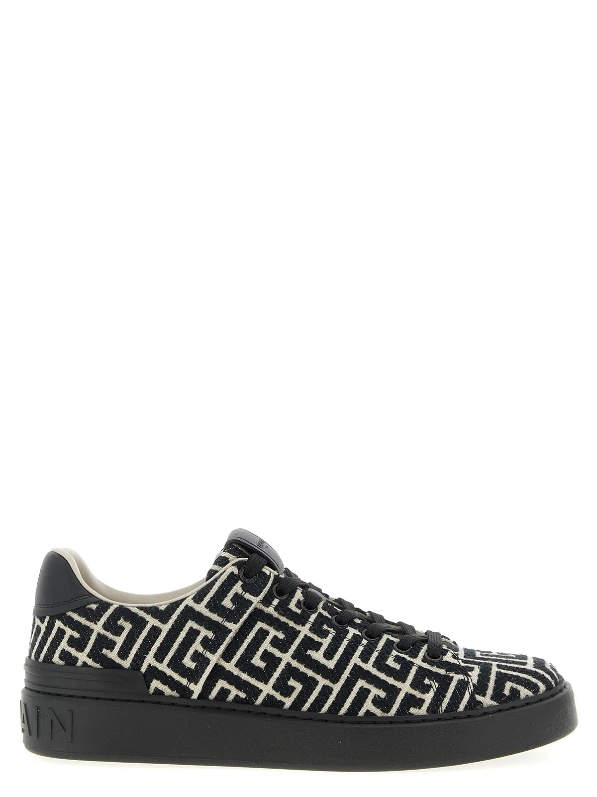 Baskets balmain noires en coton avec motif géométrique noir et blanc et semelle en caoutchouc vue de dos