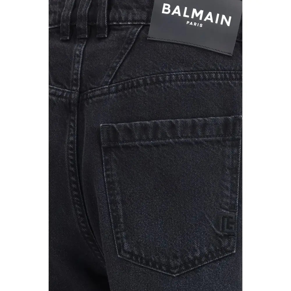 Jeans en denim noir balmain paris en coton coupe droite vue arrière avec poche classique et couture visible