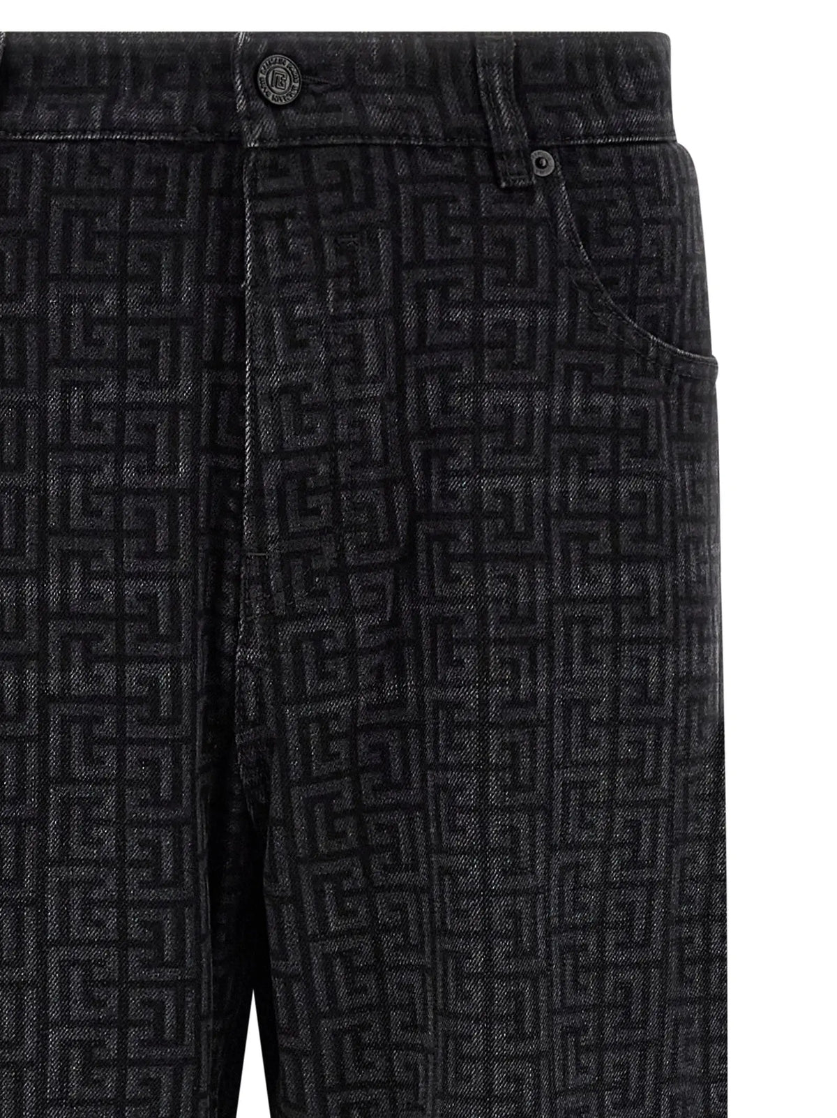 Jeans coton straight-leg balmain noir avec motif géométrique répétitif en nuances de noir et gris