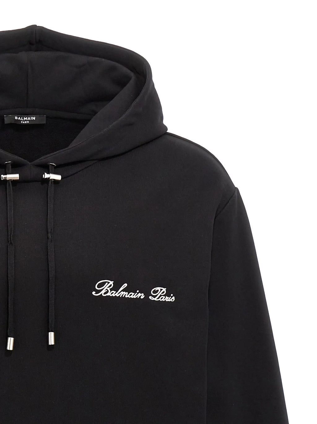 Sweatshirt balmain noir en coton avec logo brodé blanc et cordons argentés pour un style urbain
