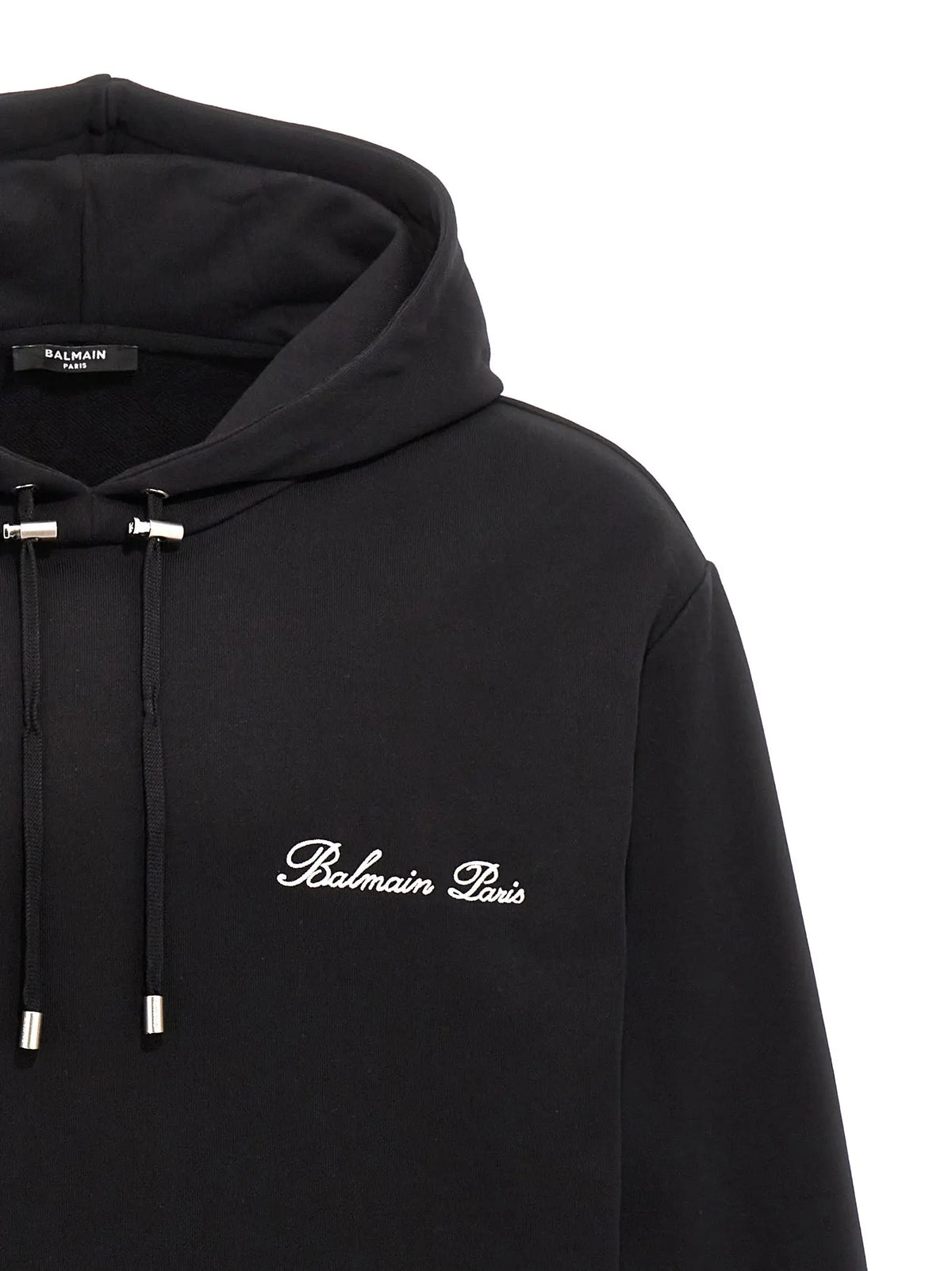 Sweatshirt balmain noir en coton avec logo brodé blanc et cordons argentés pour un style urbain