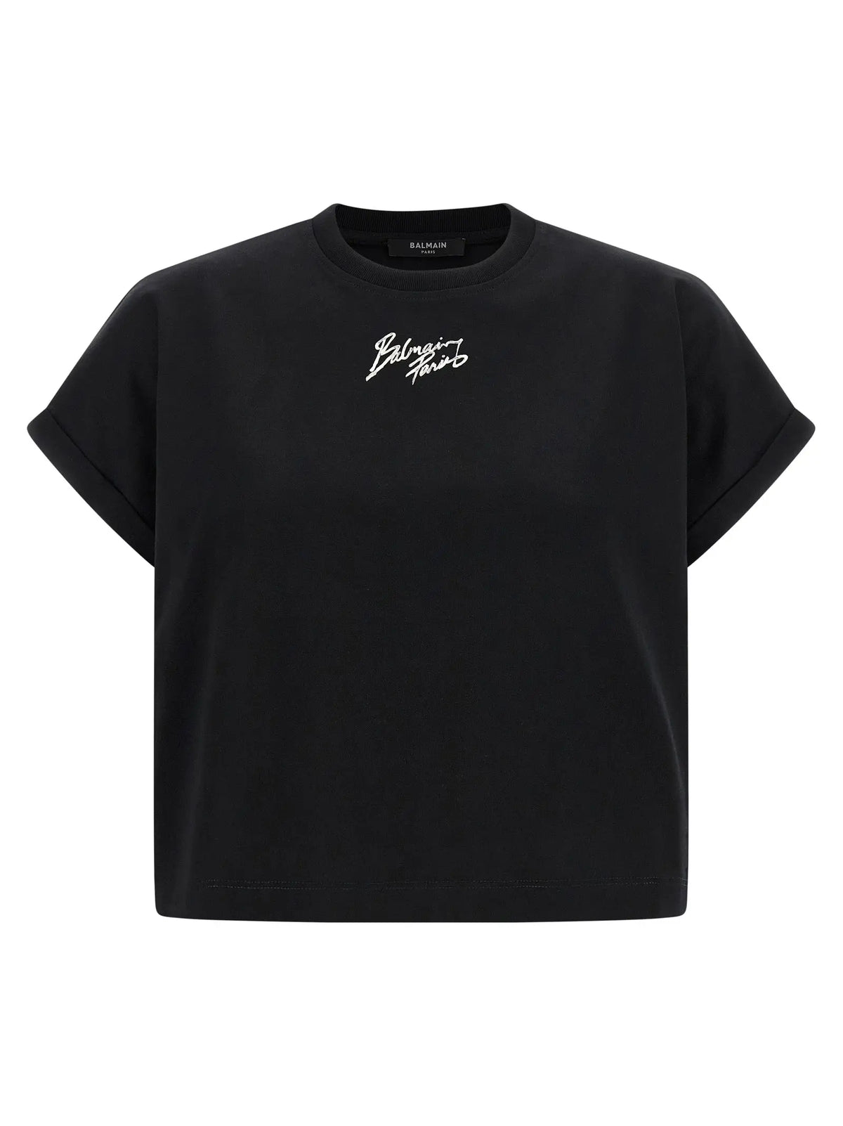 Balmain t-shirt noir crop en coton avec logo blanc brodé sur la poitrine