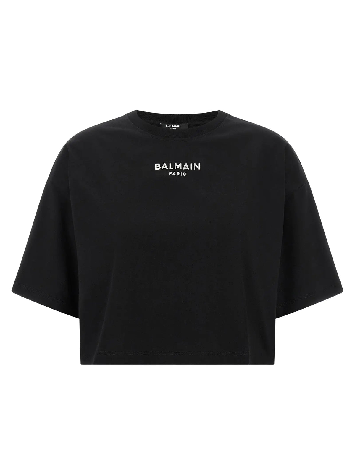 T-shirt noir balmain paris en coton avec logo blanc imprimé cropped
