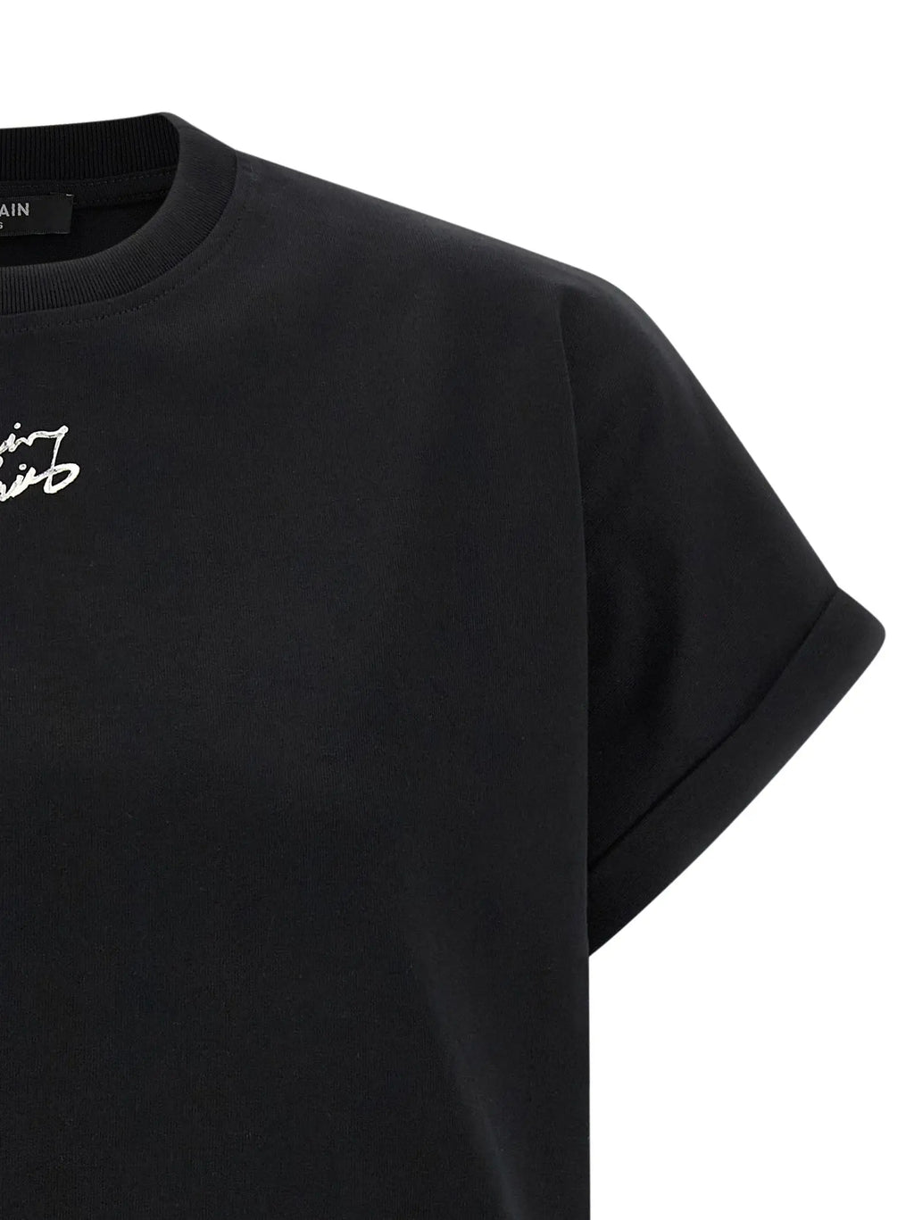 Balmain t shirt noir en coton avec logo blanc cursif brodé discrètement sur la poitrine manches courtes